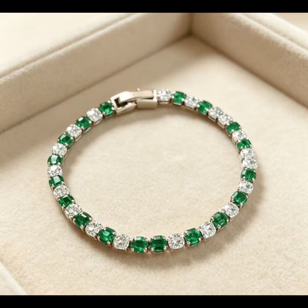 Green & Clear Zirconia Crystal Silver 7" Tennis Bracelet Multi Gemstone Elegant